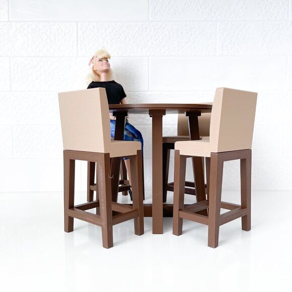 Miniature Barbie Bistro Brown Table 4 Chairs 3D Printed Dollhouse Furniture - Picture 6 of 6